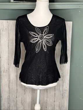 Romy Black Mesh Long Sleeve Top with White Floral Embroidery